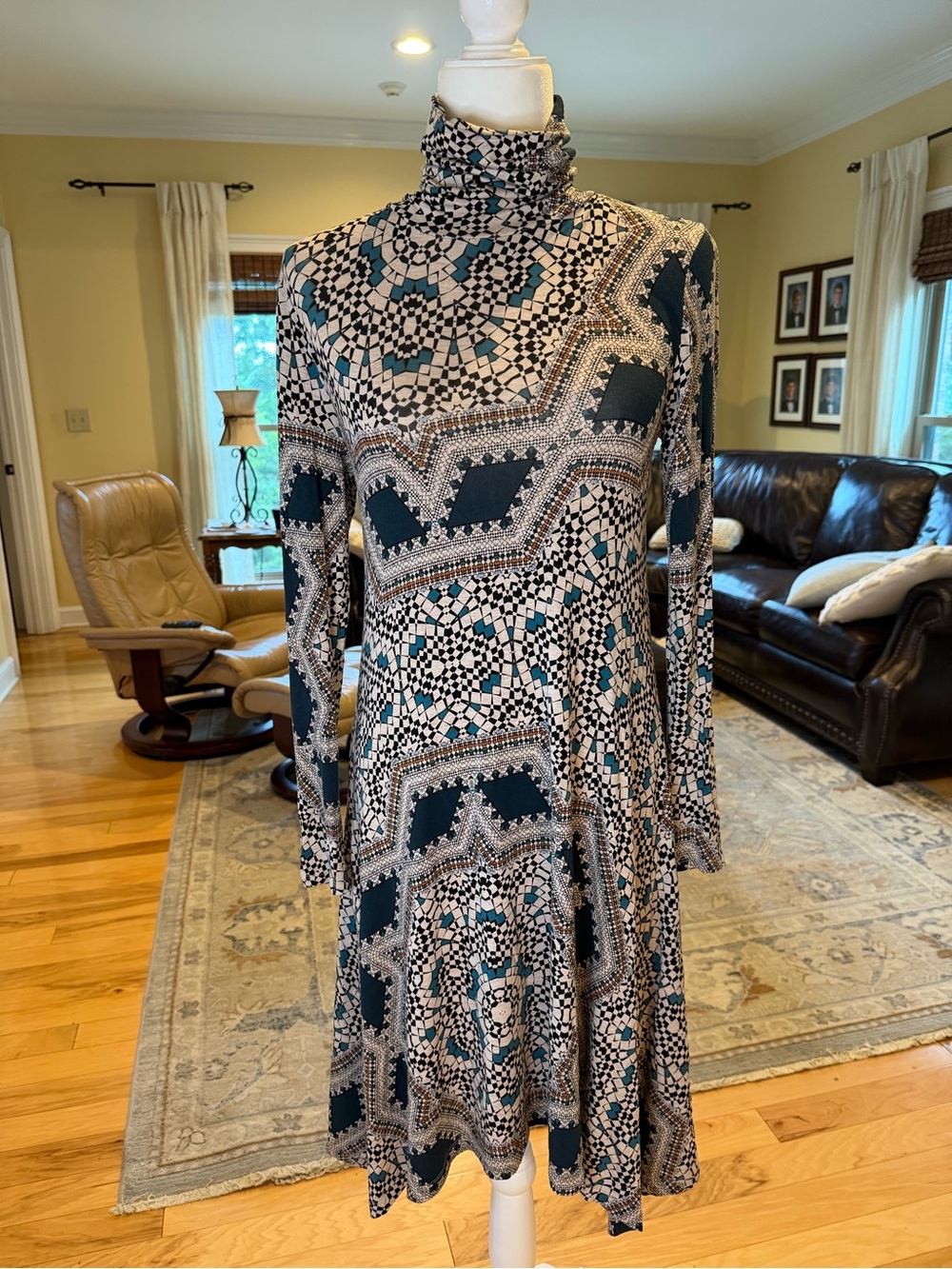 Maeve Anthropologie Boho Geometric Turtleneck Dress XS Snap Cuff Asymmetric Hem